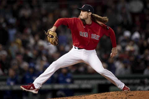 BOSTON, MA – APRIL 19: Matt Strahm #55 of the Boston Red Sox delivers during the sixth inning against the Toronto Blue Jays on April 19, 2022 at Fenway Park in Boston, Massachusetts. (Photo by Maddie Malhotra/Boston Red Sox/Getty Images)