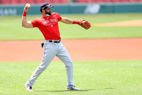 BOSTON, MASSACHUSETTS – JULY 12: José Peraza #3 of the Boston Red Sox warms up before an intrasquad game during Summer Workouts at Fenway Park on July 12, 2020 in Boston, Massachusetts. (Photo by Maddie Meyer/Getty Images)