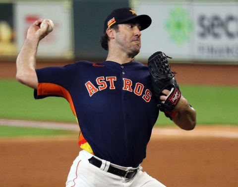 HOUSTON, TEXAS – JULY 19: Justin Verlander #35 of the Houston Astros pitches during an intrasquad game as they continue with Summer Workouts at Minute Maid Park on July 19, 2020 in Houston, Texas. (Photo by Bob Levey/Getty Images)