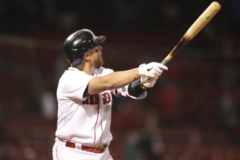 BOSTON, MA – APRIL 06: Christian Vazquez #7 of the Boston Red Sox hits a home run in the ninth inning of game against the Tampa Bay Rays at Fenway Park on April 6, 2021 in Boston, Massachusetts. (Photo by Adam Glanzman/Getty Images)