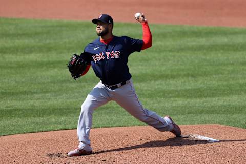 BALTIMORE, MARYLAND – APRIL 08: Starting pitcher Eduardo Rodriguez #57 of the Boston Red Sox throws to a Baltimore Orioles batter in the first inning during the Orioles home opener at Oriole Park at Camden Yards on April 08, 2021 in Baltimore, Maryland. (Photo by Rob Carr/Getty Images)