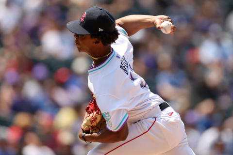 DENVER, COLORADO – JULY 11: Brayan Bello #17 of the American League team throws against the National League team during the All-Star Futures Game at Coors Field on July 11, 2021 in Denver, Colorado. (Photo by Matthew Stockman/Getty Images)