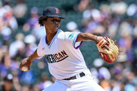 DENVER, CO – JULY 11: Brayan Bello #17 of American League Futures Team pitches against the National League Futures Team at Coors Field on July 11, 2021 in Denver, Colorado.(Photo by Dustin Bradford/Getty Images)