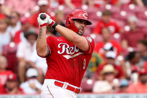 CINCINNATI, OHIO – AUGUST 22: Mike Moustakas #9 of the Cincinnati Reds takes a swing in the game against the Miami Marlins at Great American Ball Park on August 22, 2021 in Cincinnati, Ohio. (Photo by Justin Casterline/Getty Images)