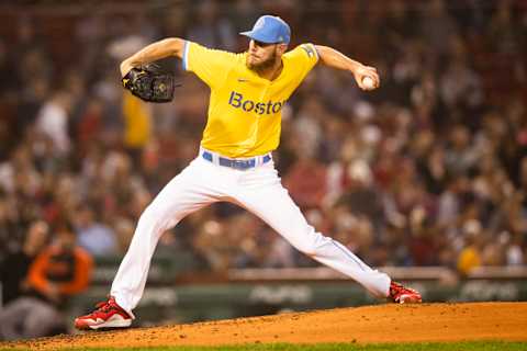 BOSTON, MA – SEPTEMBER 17: Chris Sale #41 of the Boston Red Sox pitches in the second inning of a game against the Baltimore Orioles at Fenway Park on September 17, 2021 in Boston, Massachusetts. (Photo by Adam Glanzman/Getty Images)