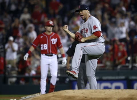 WASHINGTON, DC – OCTOBER 02: Hansel Robles #56 of the Boston Red Sox celebrates after the Red Sox defeated the Washington Nationals 5-3 at Nationals Park on October 02, 2021 in Washington, DC. (Photo by Kevin Dietsch/Getty Images)