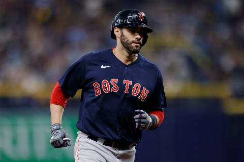 ST PETERSBURG, FLORIDA – OCTOBER 08: J.D. Martinez #28 of the Boston Red Sox celebrates his three-run homerun in the fifth inning against the Tampa Bay Rays during Game 2 of the American League Division Series at Tropicana Field on October 08, 2021 in St Petersburg, Florida. (Photo by Douglas P. DeFelice/Getty Images)