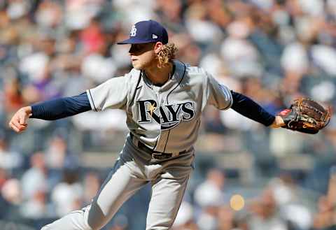 NEW YORK, NEW YORK – OCTOBER 02: Shane Baz #11 of the Tampa Bay Rays in action against the New York Yankees at Yankee Stadium on October 02, 2021 in New York City. The Rays defeated the Yankees 12-2. (Photo by Jim McIsaac/Getty Images)