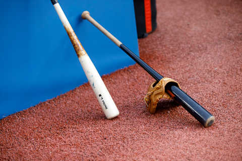 TORONTO, ON – OCTOBER 01: Bats and batting gloves are seen ahead of the Toronto Blue Jays MLB game against the Baltimore Orioles at Rogers Centre on October 1, 2021 in Toronto, Ontario. (Photo by Cole Burston/Getty Images)