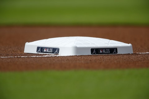 ATLANTA, GEORGIA – OCTOBER 11: A detail shot of the base in game 3 of the National League Division Series between the Atlanta Braves and the Milwaukee Brewers at Truist Park on October 11, 2021 in Atlanta, Georgia. (Photo by Michael Zarrilli/Getty Images)