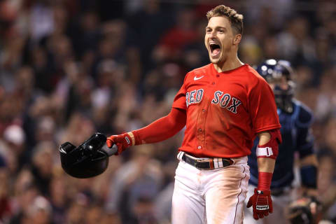 BOSTON, MASSACHUSETTS – OCTOBER 11: Enrique Hernandez #5 of the Boston Red Sox celebrates his game winning sacrifice fly in the ninth inning against the Tampa Bay Rays during Game 4 of the American League Division Series at Fenway Park on October 11, 2021 in Boston, Massachusetts. (Photo by Maddie Meyer/Getty Images)