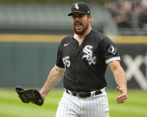 CHICAGO – OCTOBER 12: Carlos Rodon #55 of the Chicago White Sox reacts after getting the third out in the first inning during Game Four of the American League Division Series against the Houston Astros on October 12, 2021 at Guaranteed Rate Field in Chicago, Illinois. (Photo by Ron Vesely/Getty Images)