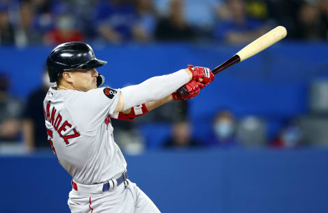 TORONTO, ON – APRIL 26: Kike Hernandez #5 of the Boston Red Sox bats during a MLB game against the Toronto Blue Jays at Rogers Centre on April 26, 2022 in Toronto, Ontario, Canada. (Photo by Vaughn Ridley/Getty Images)