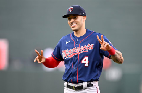 BALTIMORE, MARYLAND - MAY 04: Carlos Correa #4 of the Minnesota Twins warms up before the game against the Baltimore Orioles at Oriole Park at Camden Yards on May 04, 2022 in Baltimore, Maryland. (Photo by G Fiume/Getty Images)