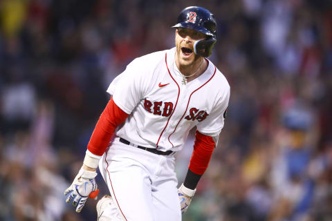 BOSTON, MA – MAY 20: Trevor Story #10 of the Boston Red Sox reacts after hitting a grand slam in the third inning of a game against the Seattle Mariners at Fenway Park on May 20, 2022 in Boston, Massachusetts. (Photo by Adam Glanzman/Getty Images)