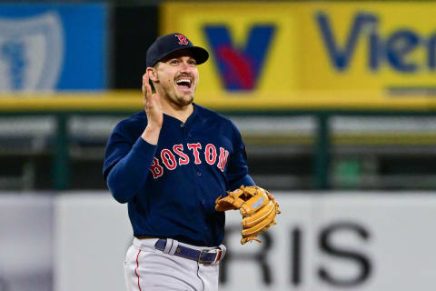 CHICAGO, ILLINOIS – MAY 24: Enrique Hernandez #5 of the Boston Red Sox reacts after the 16-3 win against the Chicago White Sox at Guaranteed Rate Field on May 24, 2022 in Chicago, Illinois. (Photo by Quinn Harris/Getty Images)