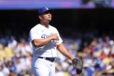 LOS ANGELES, CALIFORNIA – JUNE 05: Brusdar Graterol #48 of the Los Angeles Dodgers reacts after striking out Starling Marte #6 of the New York Mets during the seventh inning at Dodger Stadium on June 05, 2022 in Los Angeles, California. The New York Mets won 5-4. (Photo by Katelyn Mulcahy/Getty Images)