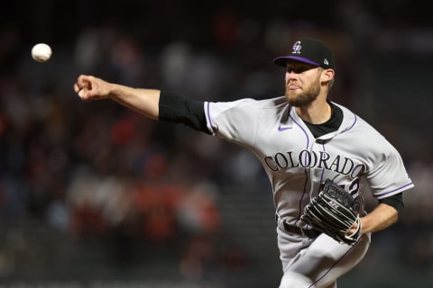 SAN FRANCISCO, CALIFORNIA – JUNE 08: Daniel Bard #52 of the Colorado Rockies pitches against the San Francisco Giants in the ninth inning at Oracle Park on June 08, 2022 in San Francisco, California. (Photo by Ezra Shaw/Getty Images)