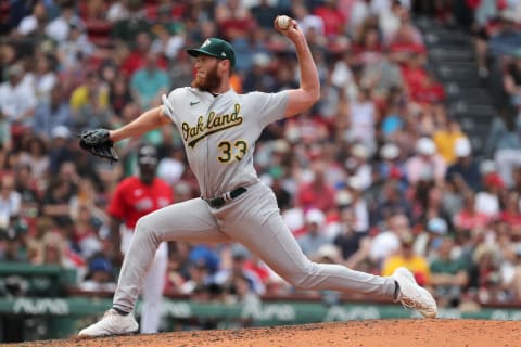 BOSTON, MASSACHUSETTS – JUNE 16: A.J. Puk #33 of the Oakland Athletics delivers a pitch during the seventh inning against the Oakland Athletics at Fenway Park on June 16, 2022 in Boston, Massachusetts. (Photo by Paul Rutherford/Getty Images)