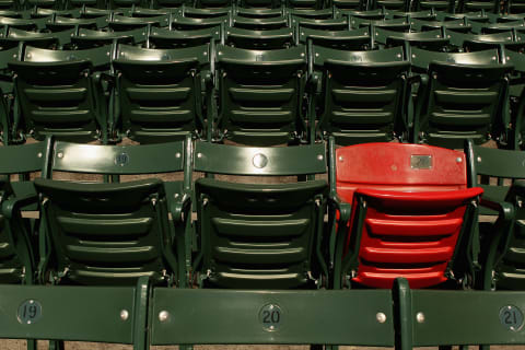 BOSTON, MA – AUGUST 30: A view of the red seat in the bleacher section that marks the longest home run hit in Fenway Park by Boston Red Sox legend Ted Williams. Image taken before the start of the game between the Boston Red Sox and the New York Yankees August 30, 2011 at Fenway Park in Boston, Massachusetts. (Photo by Elsa/Getty Images)