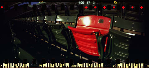 BOSTON, MA – AUGUST 19: (EDITORS NOTE: This Image was made with a panoramic film camera and scanned into a digital file.) A view of the red seat in the bleacher section that marks the longest home run hit in Fenway Park by Boston Red Sox legend Ted Williams. Image taken before the start of the game between the Boston Red Sox and the Baltimore Orioles on August 19, 2011 at Fenway Park in Boston, Massachusetts. (Photo by Elsa/Getty Images)