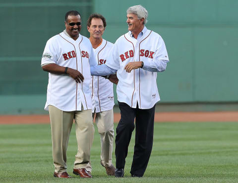 BOSTON, MA – AUGUST 22: Jim Rice, Fred Lynn, and Dwight Evans, former Red Sox players, shake hands before a game against the Los Angeles Angels of Anaheim at Fenway Park on August 22, 2012 in Boston, Massachusetts. (Photo by J Rogash/Getty Images)