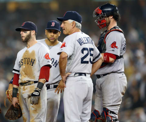 NEW YORK, NY – OCTOBER 03: Dustin Pedroia #15,manager Bobby Valentine #25,James Loney#22 and Jarrod Saltalamacchia #39 of the Boston Red Sox wait on the mound during a pitching change in the eighth inning against the New York Yankees on October 3, 2012 at Yankee Stadium in the Bronx borough of New York City. The New York Yankees defeated the Boston Red Sox 14-2 and clinched the A.L. East Division title. (Photo by Elsa/Getty Images)