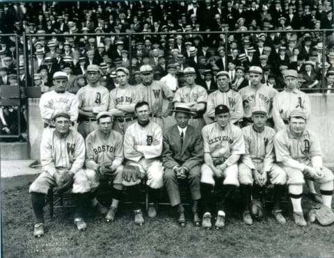 NEW YORK CITY – 1911: A group of all stars pose togethter in New York City in New York City for a photograph in 1911 at the Polo Grounds Back row, left to right, are Bobby Wallace, Home Run Baker, Joe Wood, Walter Johnson, Hal Chase, Clyde Milan, and Eddie Collins. Seated are Germany Schaeffer, Tris Speaker,Sam Crawford, Ty Cobb, and Paddy Livingston (Photo Reproduction by Transcendental Graphics/Getty Images)