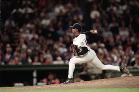 28 Sep 1999: Pedro Martinez #45 of the Boston Red Sox winds back to pitch the ball during a game against the Baltimore Orioles at Fenway Park in Boston, Massachusetts. The Red Sox defeated the Orioles 5-3. Mandatory Credit: Harry How /Allsport