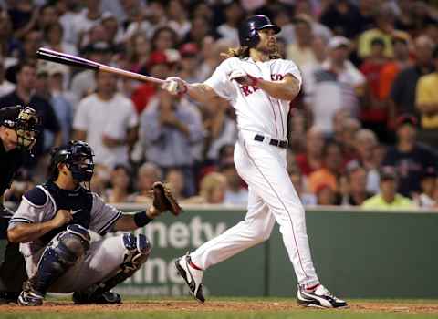 BOSTON, MA – JULY 17: Johnny Damon #18 of the Boston Red Sox extends his hitting streak to 29 games with a double in the eighth inning against the New York Yankees at Fenway Park on July 17, 2005 in Boston, Massachusetts. (Photo by Jim McIsaac/Getty Images)