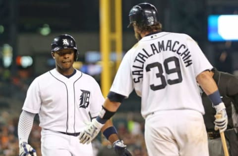 DETROIT, MI – AUGUST 29: Justin Upton #8 of the Detroit Tigers celebrates with teammate Jarrod Saltalamacchia #39 after hitting a solo home run to left field in the sixth inning of a game against the Chicago White Sox on August 29, 2016 at Comerica Park in Detroit, Michigan. (Photo by Leon Halip/Getty Images)