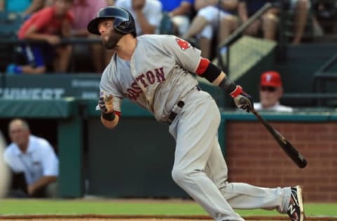 ARLINGTON, TX – JULY 03: Dustin Pedroia #15 of the Boston Red Sox hits a two run rbi single against the Texas Rangers in the second inning at Globe Life Park in Arlington on July 3, 2017 in Arlington, Texas. (Photo by Ronald Martinez/Getty Images)