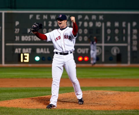 BOSTON – MAY 19: Jon Lester #31 of the Boston Red Sox reacts after throwing a no hitter against the Kansas City Royals at Fenway Park on May 19, 2008 in Boston, Massachusetts. (Photo by Jim Rogash/Getty Images)