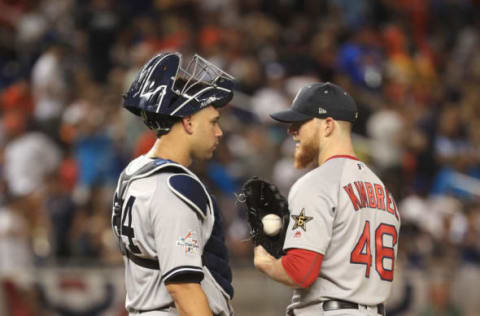 MIAMI, FL – JULY 11: Gary Sanchez #24 of the New York Yankees and the American League and Craig Kimbrel #46 of the Boston Red Sox and the American League discuss the signs during the 88th MLB All-Star Game at Marlins Park on July 11, 2017 in Miami, Florida. (Photo by Mike Ehrmann/Getty Images)