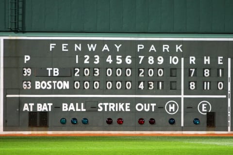 BOSTON – OCTOBER 16: The final scoreboard is seen after the Boston Red Sox defeated the Tampa Bay Rays after game five of the American League Championship Series during the 2008 MLB playoffs at Fenway Park on October 16, 2008 in Boston, Massachusetts. The Red Sox defeated the Rays 8-7 to set the series at 3-2 Rays. (Photo by Jim McIsaac/Getty Images)