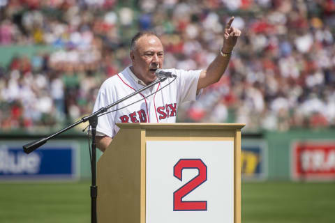 BOSTON, MA – AUGUST 20: NESN broadcaster Jerry Remy speaks during a 30 year recognition ceremony before a game between the Boston Red Sox and the New York Yankees on August 20, 2017 at Fenway Park in Boston, Massachusetts. (Photo by Billie Weiss/Boston Red Sox/Getty Images)