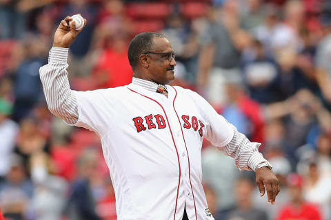 BOSTON, MA – OCTOBER 09: Former Boston Red Sox player Jim Rice throws out the ceremonial first pitch before game four of the American League Division Series between the Houston Astros and the Boston Red Sox at Fenway Park on October 9, 2017 in Boston, Massachusetts. (Photo by Elsa/Getty Images)