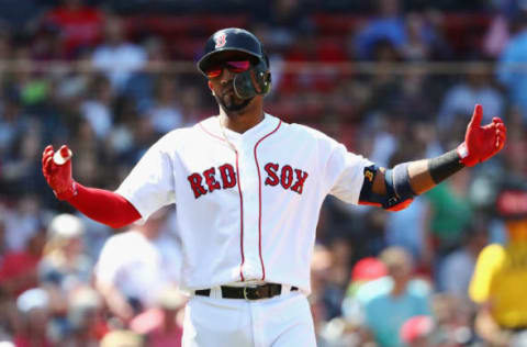 BOSTON, MA – MAY 02: Eduardo Nunez #36 of the Boston Red Sox reacts after lining out during the fourth inning against the Kansas City Royals at Fenway Park on May 2, 2018 in Boston, Massachusetts. (Photo by Tim Bradbury/Getty Images)