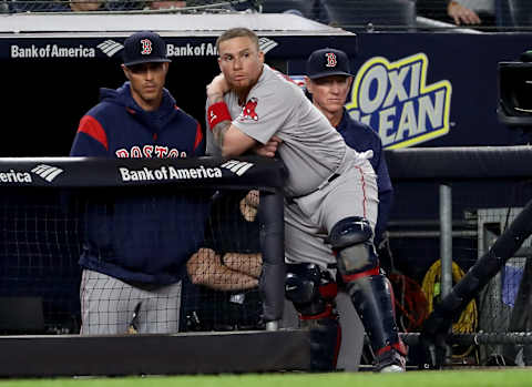 NEW YORK, NY – MAY 09: Christian Vazquez #7 of the Boston Red Sox reacts to the 9-6 loss to the New York Yankees at Yankee Stadium on May 9, 2018, in the Bronx borough of New York City. (Photo by Elsa/Getty Images)