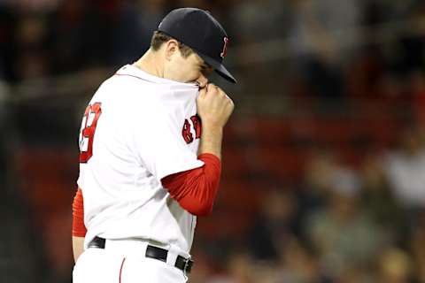 BOSTON, MA – MAY 14: Carson Smith #39 of the Boston Red Sox reacts after Khris Davis #2 of the Oakland Athletics hit a home run during the eighth inning at Fenway Park on May 14, 2018 in Boston, Massachusetts. (Photo by Maddie Meyer/Getty Images)