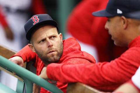 BOSTON, MA – MAY 16: Dustin Pedroia #15 of the Boston Red Sox talks with Red Sox Manager Alex Cora before the game against the Oakland Athletics at Fenway Park on May 16, 2018 in Boston, Massachusetts. (Photo by Maddie Meyer/Getty Images)