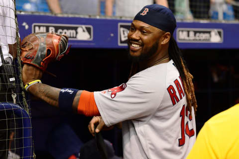 ST PETERSBURG, FL – MAY 23: Hanley Ramirez #13 of the Boston Red Sox smiles after beating the Tampa Bay Rays 4-1 on May 23, 2018 at Tropicana Field in St Petersburg, Florida. (Photo by Julio Aguilar/Getty Images)