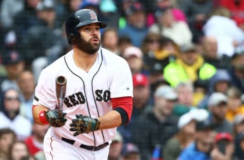 BOSTON, MA – MAY 27: Mitch Moreland #18 of the Boston Red Sox hits an RBI-triple in the sixth inning of a game against the Atlanta Braves at Fenway Park on May 27, 2018 in Boston, Massachusetts. (Photo by Adam Glanzman/Getty Images)