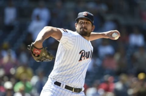 SAN DIEGO, CA – JUNE 6: Brad Hand #52 of the San Diego Padres pitches during the ninth inning of a baseball game against the Atlanta Braves at PETCO Park on June 6, 2018 in San Diego, California. (Photo by Denis Poroy/Getty Images)