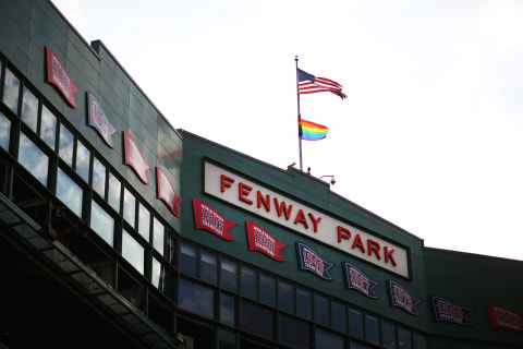 BOSTON, MA – JUNE 07: The Fenway Park facade displays a Pride flag in honor of Pride night at Fenway Park before a game between the Detroit Tigers and the Boston Red Sox on June 07, 2018 in Boston, Massachusetts. (Photo by Adam Glanzman/Getty Images)