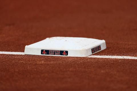 BOSTON, MA – JUNE 22: A Boston Red Sox base plate. (Photo by Omar Rawlings/Getty Images)