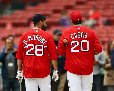 BOSTON, MA – JUNE 23: J.D. Martinez #28 of the Boston Red Sox and Triston Casas #20 of the Boston Red Sox talk after batting practice before the game against the Seattle Mariners at Fenway Park on June 23, 2018 in Boston, Massachusetts. (Photo by Omar Rawlings/Getty Images)