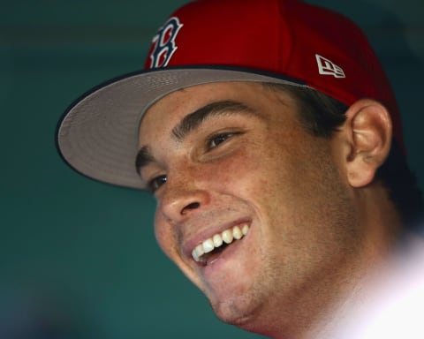 BOSTON, MA – JUNE 23: 2018 first round draft pick Triston Casas #20 of the Boston Red Sox gives a pre-game interview before the game between the Boston Red Sox and the Seattle Mariners at Fenway Park on June 23, 2018 in Boston, Massachusetts. (Photo by Omar Rawlings/Getty Images)