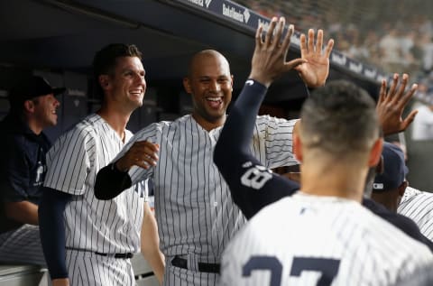 NEW YORK, NY – JULY 01: Aaron Hicks #31 of the New York Yankees celebrates his eighth inning home run, his third of the game, against the Boston Red Sox with his teammates in the dugout at Yankee Stadium on July 1, 2018 in the Bronx borough of New York City. (Photo by Jim McIsaac/Getty Images)