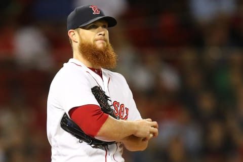 BOSTON, MA – JULY 11: Craig Kimbrel #46 of the Boston Red Sox reacts after walking in a run in the eighth inning of a game against the Texas Rangers at Fenway Park on July 11, 2018 in Boston, Massachusetts. (Photo by Adam Glanzman/Getty Images)